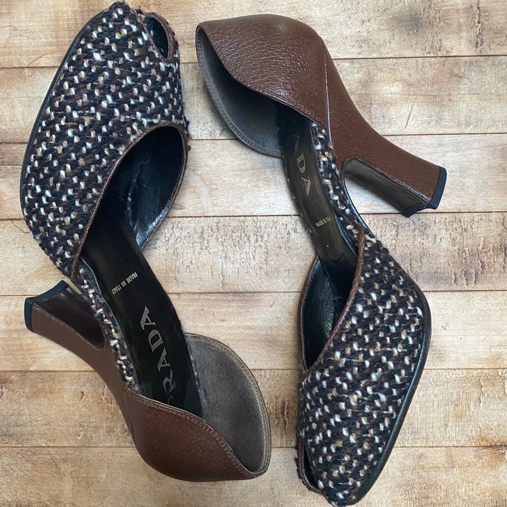 Prada D’Orsay Brown and Black Tweed Chunky Heel Shoes